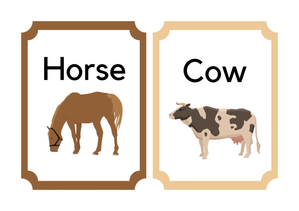 animais -horse,cow- inglês para criança.