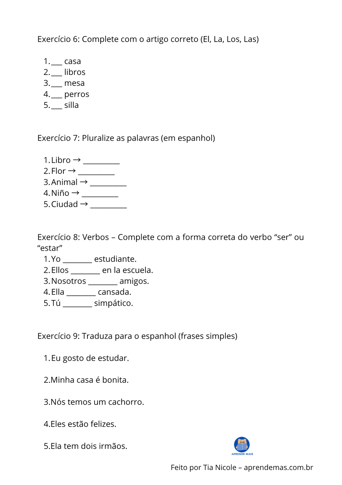 Atividades de Espanhol 6º Ano para Imprimir – PDF Grátis