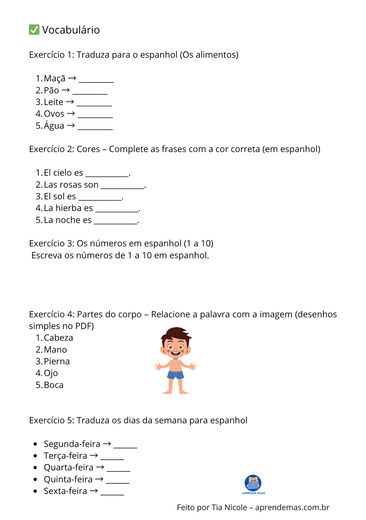 Atividades de Espanhol 6º Ano para Imprimir – PDF Grátis